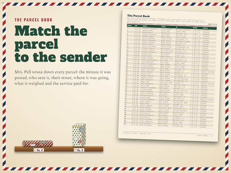 Match the parcels to the postmistress's Parcel Book