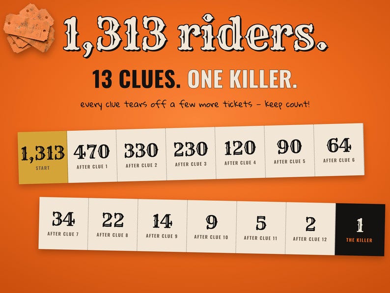 1313 riders, 13 clues, one killer — checkpoints after every clue