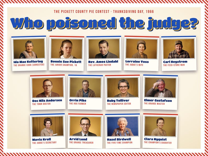 May include: A poster titled The Pickett County Pie Contest - Thanksgiving Day, 1966, featuring the text Who poisoned the judge? and twelve individual portrait photographs of suspects with their names and roles printed in blue and red text below.