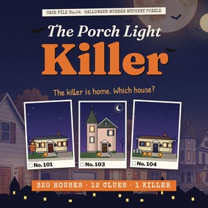 The Porch Light Killer — Halloween printable murder mystery map puzzle: 320 houses, 12 clues, 1 killer