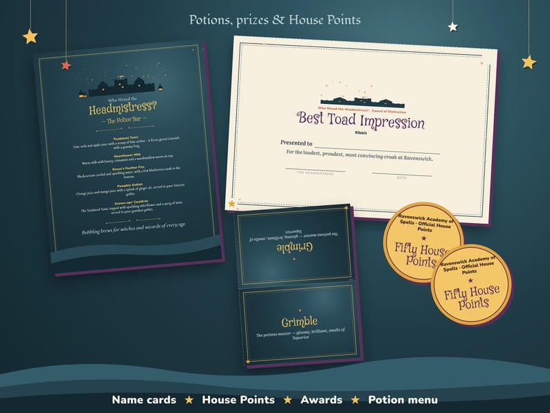 Party printables: name cards, play money, awards, bar menu and door sign