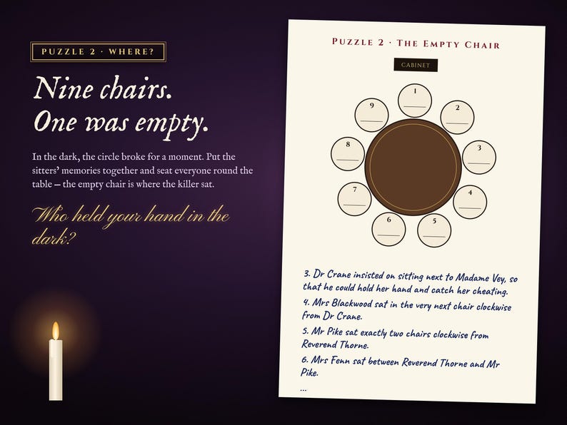 Puzzle 2: seat the circle round the séance table and find the empty chair