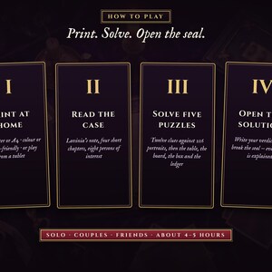 How to play: print, read, solve five puzzles, open the sealed solution