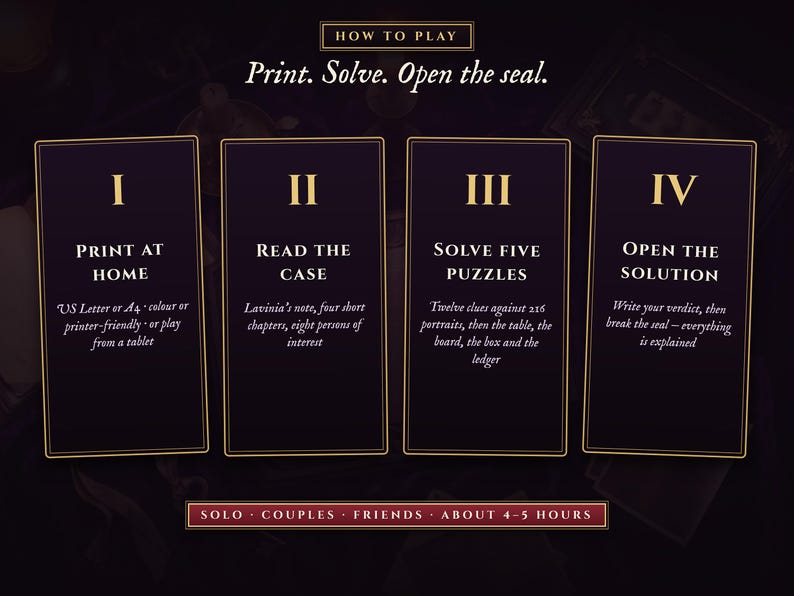How to play: print, read, solve five puzzles, open the sealed solution