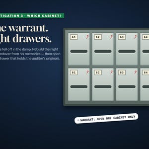 Puede incluir: Un gr&aacute;fico de juego de rompecabezas titulado Investigation 3: Which Cabinet? One warrant. Eight drawers. Muestra un gabinete gris con ocho cajones etiquetados A1-A4 y B1-B4, cada uno con un signo de interrogaci&oacute;n rojo. Una pesta&ntilde;a blanca dice: WARRANT: OPEN ONE CABINET ONLY.