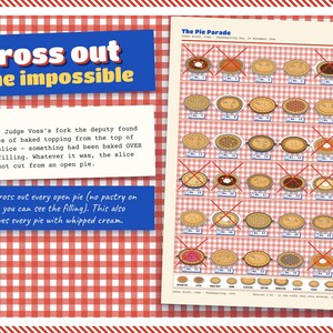 May include: A logic puzzle sheet titled The Pie Parade featuring a grid of various pie illustrations on a red and white chequered background. The text includes Cross out the impossible and Clue 1, with instructions to eliminate open-faced pies.