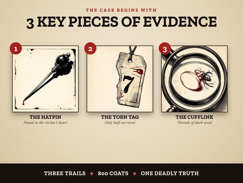Three key pieces of evidence: the hatpin, the torn tag and the wool on the cufflink