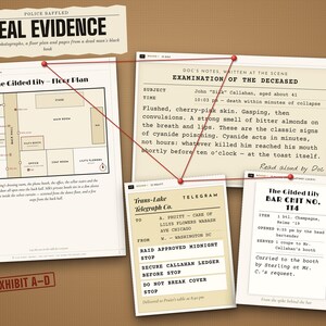 Evidence props: telegrams, photographs, a floor plan and pages from a dead man's black book