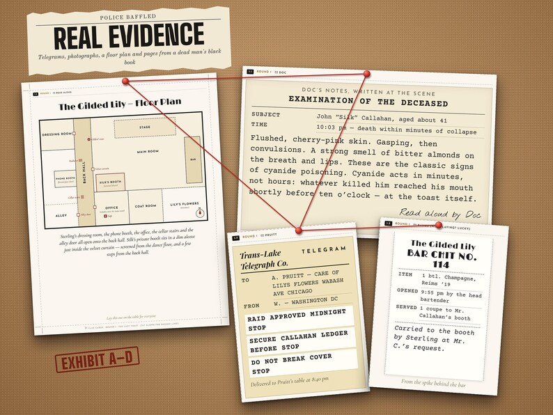 Evidence props: telegrams, photographs, a floor plan and pages from a dead man's black book