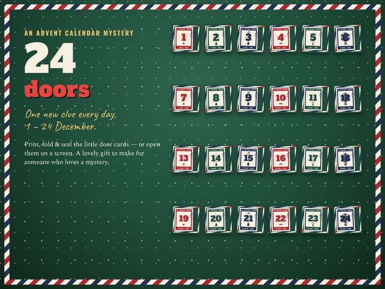 24 advent doors — one new clue every day from 1 to 24 December