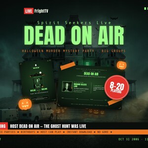 Spirit Seekers Live: Dead on Air — printable Halloween murder mystery party game for big groups, ghost-hunt TV show at a haunted hotel, for 8-20 players