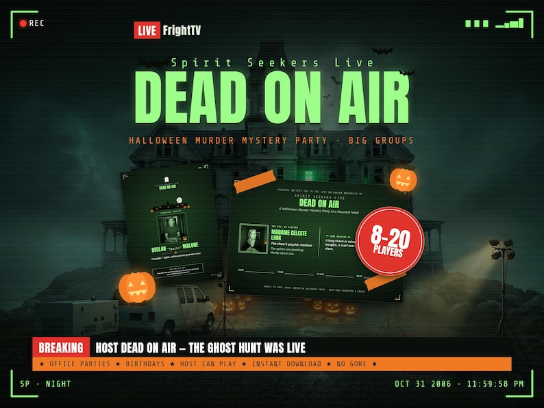Spirit Seekers Live: Dead on Air — printable Halloween murder mystery party game for big groups, ghost-hunt TV show at a haunted hotel, for 8-20 players