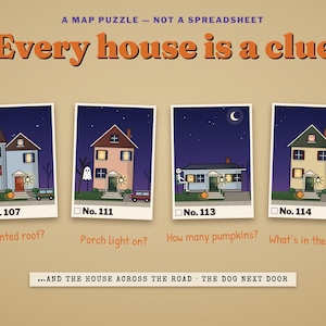 A map puzzle: read every house — roof, porch light, jack-o'-lanterns, yard, driveway