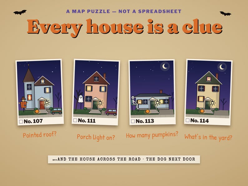 A map puzzle: read every house — roof, porch light, jack-o'-lanterns, yard, driveway
