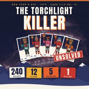 Puede incluir: Un juego de misterio titulado The Torchlight Killer, New Year's Eve 1979, Case File No. 10. Incluye cinco tarjetas ilustradas de esquiadores con antorchas, una rodeada en rojo con un sello rojo Unsolved. Debajo hay cuatro cajas con 240 Skiers, 12 Clues, 5 Puzzles y 1 Killer.