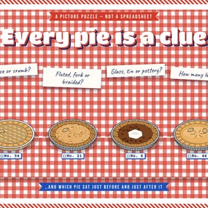 May include: A picture puzzle on a red and white chequered background featuring four illustrated pies labelled No. 54, 21, 6, and 46. Text includes 'Every pie is a clue', 'A PICTURE PUZZLE - NOT A SPREADSHEET', and questions about crusts and leaves.