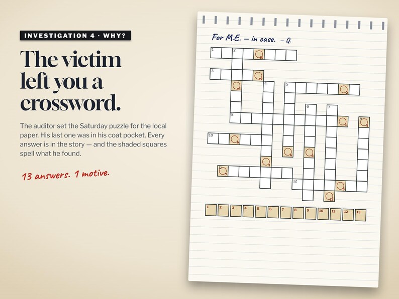 Puede incluir: Una p&aacute;gina impresa titulada Investigation 4: Why? The victim left you a crossword. Incluye una cuadr&iacute;cula de crucigrama con pistas numeradas, casillas sombreadas y una fila de trece cuadros vac&iacute;os en la parte inferior. Texto: For M.E. - in case. - Q.