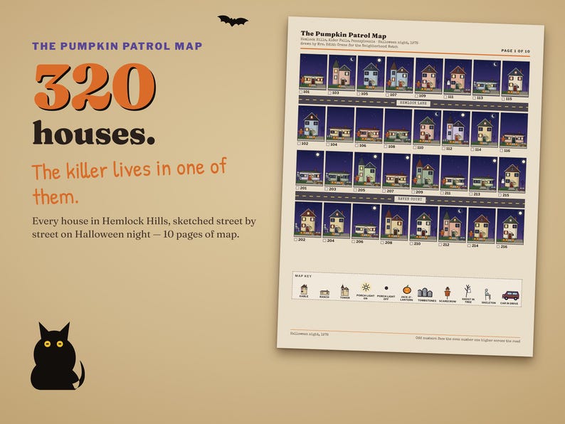 The Pumpkin Patrol Map: 320 illustrated houses — the killer lives in one of them