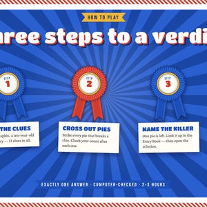 May include: A blue and red instructional graphic titled Three steps to a verdict. It features three numbered award ribbons and text boxes explaining the game process: Read the clues, Cross out pies, and Name the killer, with a red and white border.