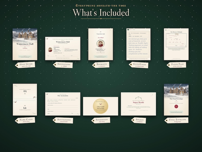 Everything included in the Murder at Wintermere Hall murder mystery kit