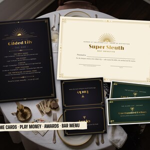 Party printables: name cards, play money, awards, bar menu and door sign