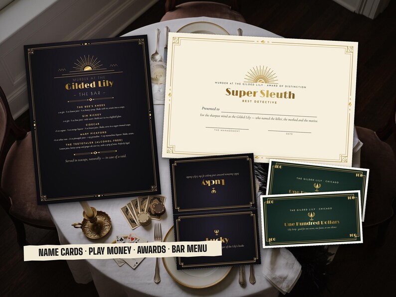Party printables: name cards, play money, awards, bar menu and door sign