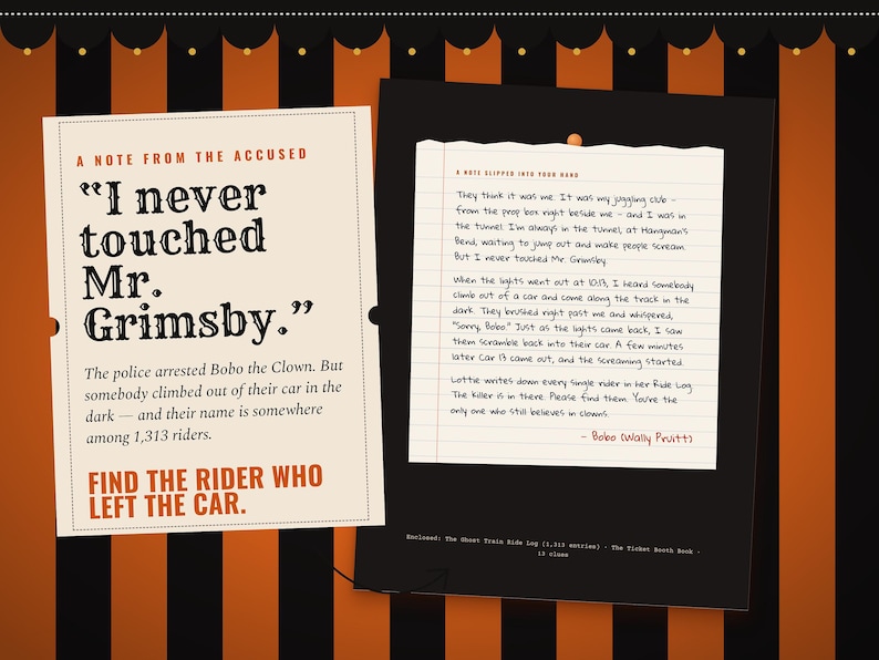 The case begins with a handwritten note from Bobo the Clown