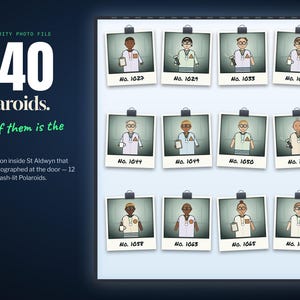 Puede incluir: Una colecci&oacute;n de doce fotograf&iacute;as cuadradas estilo Polaroid dispuestas en una cuadr&iacute;cula, cada una con un personaje de dibujos animados en bata de laboratorio con un n&uacute;mero de identificaci&oacute;n &uacute;nico del 1027 al 1068, sobre fondo blanco.