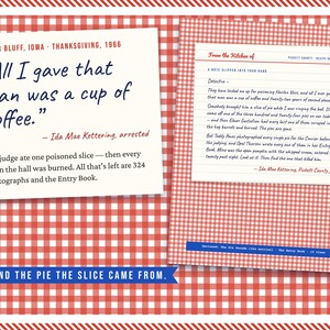 May include: A game set featuring two white cards with printed text on a red and white chequered background. The left card reads, "All I gave that man was a cup of coffee." The right card is a lined note titled "From the Kitchen of."