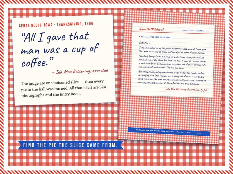 May include: A game set featuring two white cards with printed text on a red and white chequered background. The left card reads, "All I gave that man was a cup of coffee." The right card is a lined note titled "From the Kitchen of."