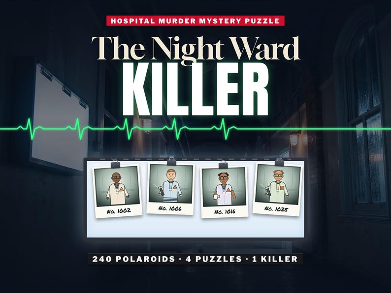Puede incluir: Puzzle de misterio de asesinato en hospital titulado The Night Ward Killer con cuatro tarjetas de personajes estilo Polaroid etiquetadas No. 1002, 1006, 1016 y 1025. El juego incluye 240 Polaroids, 4 puzzles y 1 asesino, con una l&iacute;nea ECG verde.