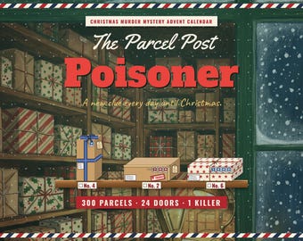 Puede incluir: Un calendario de adviento de misterio de asesinato navideño titulado The Parcel Post Poisoner. La caja presenta una ilustración de estantes llenos de paquetes, con tres cajas etiquetadas No. 4, No. 2 y No. 6. El texto dice 300 PARCELS, 24 DOORS, 1 KILLER.