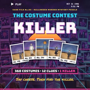 The Costume Contest Killer — Halloween printable murder mystery picture puzzle: 360 costumes, 12 clues, 1 killer
