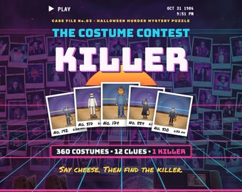 Puede incluir: Un juego de misterio y asesinato de Halloween titulado The Costume Contest Killer. La imagen presenta una cuadrícula de fotos polaroid, cinco tarjetas de personajes numeradas 192, 517, 174, 854 y 510, y el texto: 360 Costumes, 12 Clues, 1 Killer. Say cheese. Then find the killer.