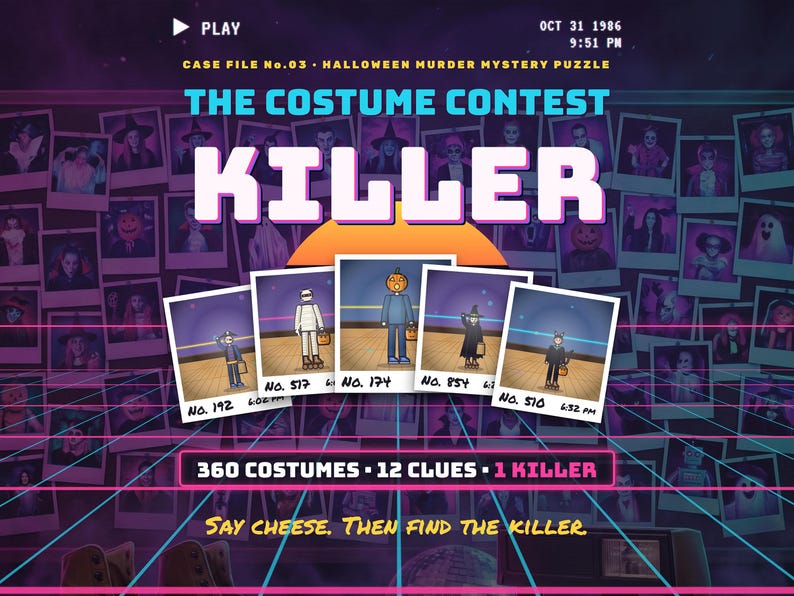 The Costume Contest Killer — Halloween printable murder mystery picture puzzle: 360 costumes, 12 clues, 1 killer