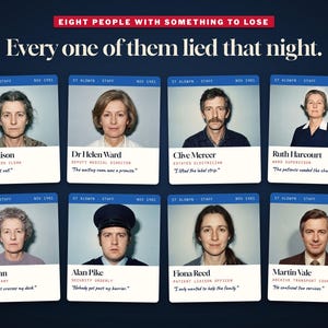 Puede incluir: Un gr&aacute;fico con ocho tarjetas de identificaci&oacute;n para el personal de St. Aldwyn de noviembre de 1981. Cada tarjeta muestra un retrato, nombre, cargo y una cita. El texto superior dice: EIGHT PEOPLE WITH SOMETHING TO LOSE. Every one of them lied that night.
