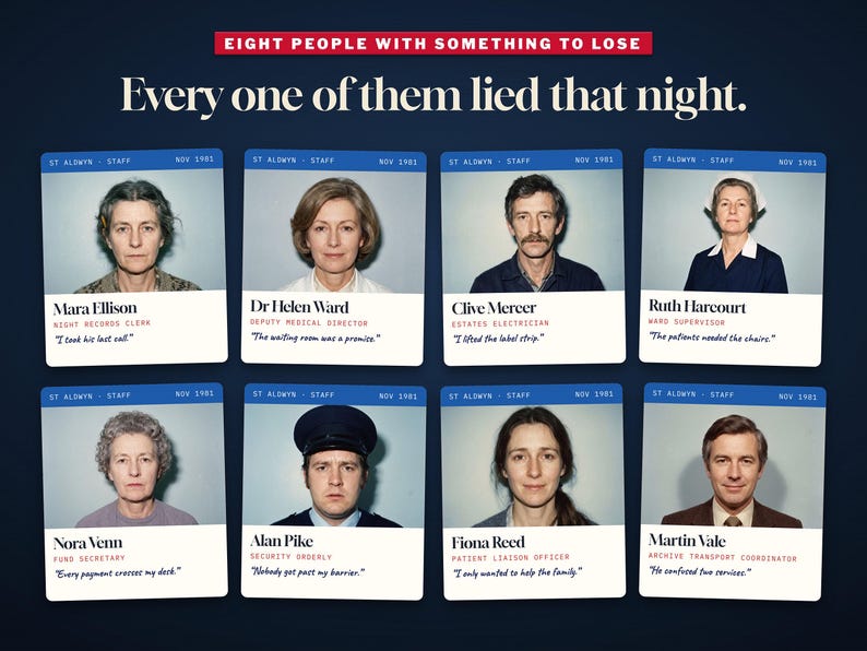 Puede incluir: Un gr&aacute;fico con ocho tarjetas de identificaci&oacute;n para el personal de St. Aldwyn de noviembre de 1981. Cada tarjeta muestra un retrato, nombre, cargo y una cita. El texto superior dice: EIGHT PEOPLE WITH SOMETHING TO LOSE. Every one of them lied that night.