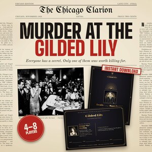 Murder at the Gilded Lily — printable murder mystery party game, 1920s speakeasy theme, for 4-8 players