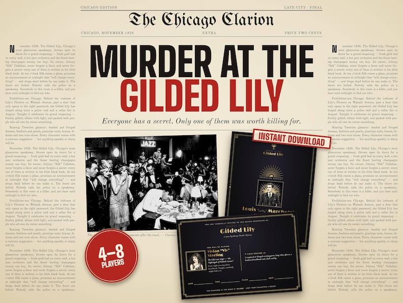 Murder at the Gilded Lily — printable murder mystery party game, 1920s speakeasy theme, for 4-8 players
