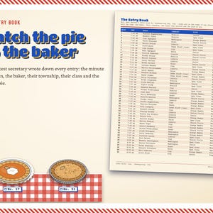 May include: A logic puzzle page titled The Entry Book: Match the pie to the baker. It features a table listing entry times, baker names, townships, classes, and pie types. Below, two illustrated pies are labelled No. 17 and No. 21 on a red checkered base.