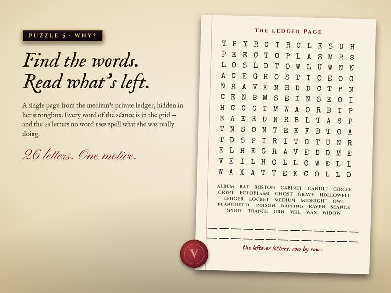 Puzzle 5: a word search whose leftover letters spell the motive