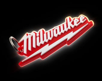 Milwaukee Keychain – 3D Printed Tool Brand Key Ring – Red & White Lightning Bolt