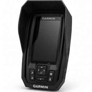 Puede incluir: Un buscador de peces Garmin negro con una cubierta protectora. El dispositivo tiene una pantalla y varios botones para la navegaci&oacute;n. El logotipo de Garmin es visible en la parte superior e inferior del dispositivo.