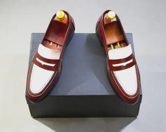 Mocassins Penny bicolores faits main pour hommes | Chaussures habillées de luxe en cuir