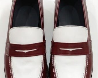 Men’s Burgundy White Leather Loafers, Penny Slip On Dress Shoes, Handmade Formal Wedding Shoes