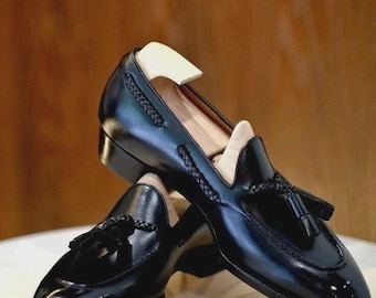 Handmade Black Leather Tassel Loafers for Men, Formal Slip-On Wedding Shoes