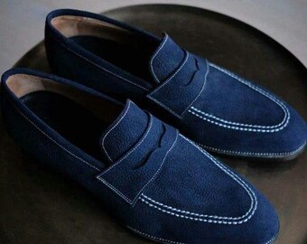 Handgefertigte Penny Loafer aus marineblauem Wildleder – Elegante Herren-Lederschuhe zum Hineinschlüpfen