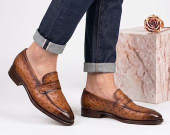 Men’s Ostrich Leather Penny Loafers, Handmade Brown Slip On Dress Shoes, Classic Formal Footwear
