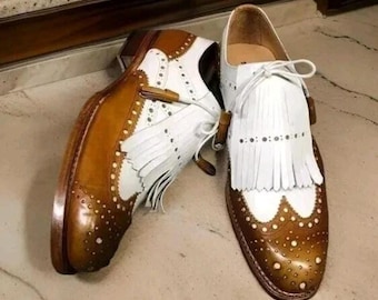 Handgemaakte tweekleurige wingtip oxfords | Leren brogue loafers voor heren