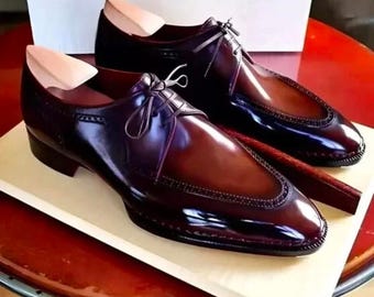 Handmade Burgundy Leather Derby Dress Shoes for Men, Custom Wedding Formal Footwear